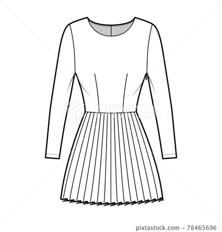 Dress pleated technical fashion illustration with long sleeves, fitted body, mini length skirt. Flat apparel front 78465696