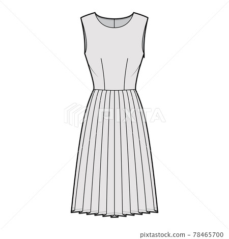 Dress pleated technical fashion illustration with sleeveless, fitted body, knee length skirt. Flat apparel front 78465700