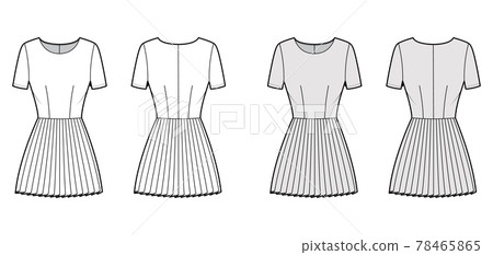 Dress pleated technical fashion illustration with short sleeves, fitted body, mini length skirt. Flat apparel front 78465865