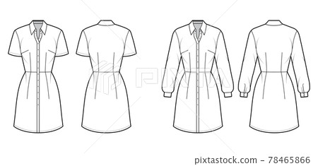 Set of Dresses shirt technical fashion illustration with long short sleeves, fitted body, knee length, classic collar Set of Dresses shirt technical fashion illustration with long short sleeves, fitted body, knee length, classic collar 78465866