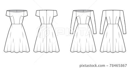 Set of Dresses off-shoulder Bardot technical fashion illustration with long short sleeves, fitted body, knee length Set of Dresses off-shoulder Bardot technical fashion illustration with long short sleeves, fitted body, knee length 78465867