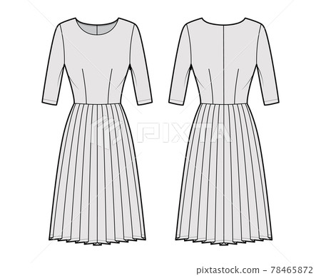 Dress pleated technical fashion illustration with elbow sleeves, fitted body, knee length skirt. Flat apparel front 78465872