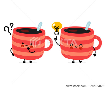 Cute funny coffee mug with question mark and idea lightbulb. Vector hand drawn cartoon kawaii character illustration icon. Isolated on white background. Coffee or tea cup, mug character concept Cute funny coffee mug with question mark and idea lightbulb. Vector hand drawn cartoon kawaii character illustration icon. Isolated on white background. Coffee or tea cup, mug character concept 78465875