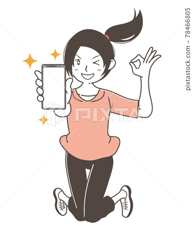 一個有好的標誌的女人炫耀她的智能手機 一個有好的標誌的女人炫耀她的智能手機 78466805