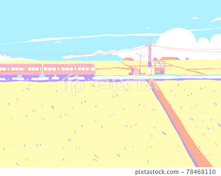 Japan countryside landscape, train passing through rice fields with small village and blue sky Japan countryside landscape, train passing through rice fields with small village and blue sky 78468110