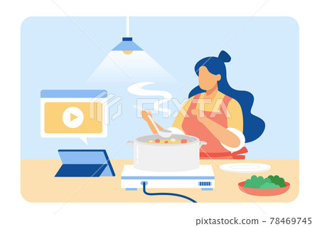 Woman taking an online cooking class Woman taking an online cooking class 78469745
