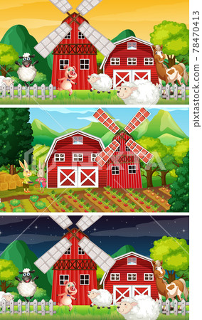 Different farm scenes with old farmer and animal cartoon character 78470413