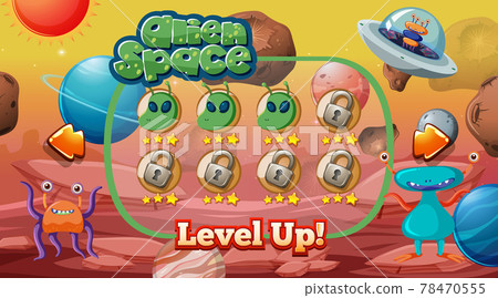 Level up screen game with alien and ufo theme template 78470555