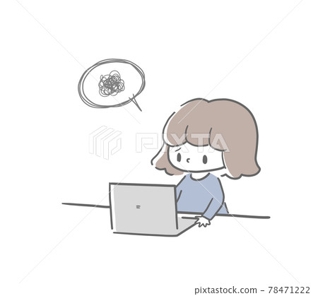 Hand-drawn simple illustration of a girl who is having trouble with video calls on a computer or online lessons Hand-drawn simple illustration of a girl who is having trouble with video calls on a computer or online lessons 78471222