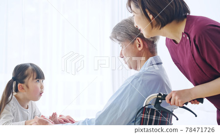 A senior man in a wheelchair and an essential worker, a girl who came to visit her, a long-term care image, slow motion 78471726