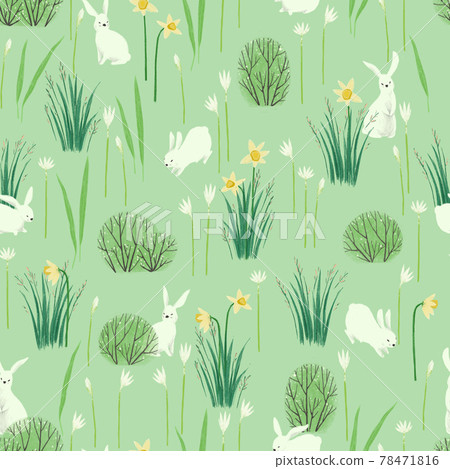 Seamless pattern with spring meadow, jumping rabbits and flowers. Minimalistic Scandinavian style. Seamless pattern with spring meadow, jumping rabbits and flowers. Minimalistic Scandinavian style. 78471816