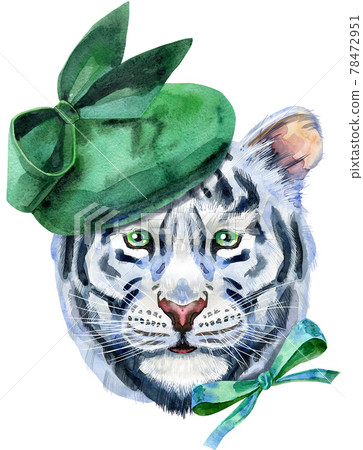 Colorful white tiger in green elegant hat. Wild animal watercolor illustration on white background 78472951