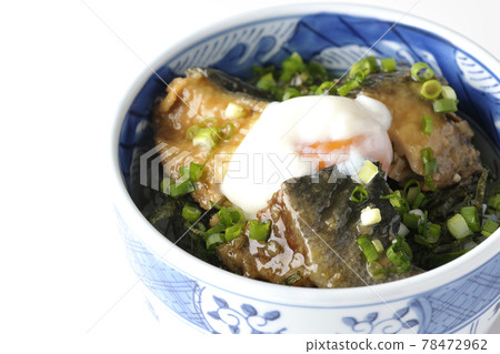 Photographed a teriyaki bowl of yellowtail topped with hot balls and plenty of small onions on a white background Photographed a teriyaki bowl of yellowtail topped with hot balls and plenty of small onions on a white background 78472962