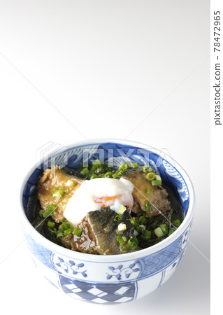 Photographed a teriyaki bowl of yellowtail topped with hot balls and plenty of small onions on a white background 78472965