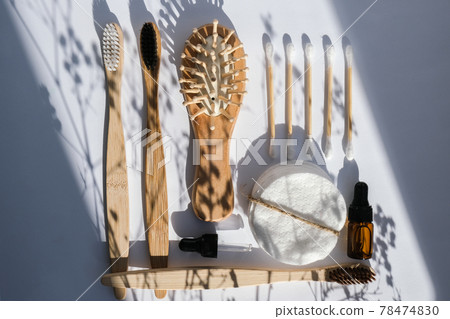 Set of eco natural bathroom accessories and cosmetics on white background. Zero waste. Plastic free. Flat lay style. Knolling concept Set of eco natural bathroom accessories and cosmetics on white background. Zero waste. Plastic free. Flat lay style. Knolling concept 78474830