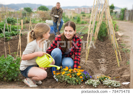 Mother and daughter watering plants at garden closeup Mother and daughter watering plants at garden closeup 78475478