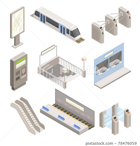 Metro or Subway as Rapid Transit Urban System with Electric Railway, Platform, Ticket Barrier and Moving Staircase Isometric Vector Set 78476059