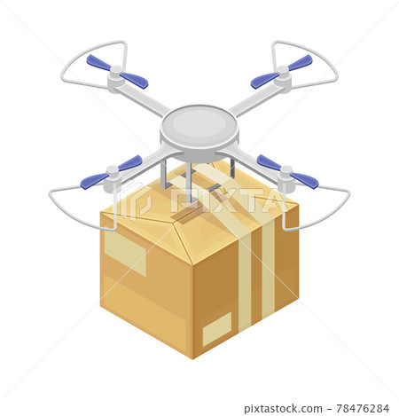 Drone Flying with Cardboard Box as Parcel Delivery and Logistics from Warehouse Isometric Vector Illustration 78476284