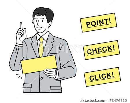 Illustrations of men representing points, attention, announcements (business, clicks, checks, ideas, inspirations, discoveries) 78476310