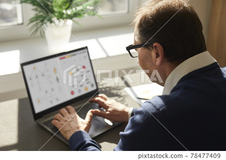Senior office worker preparing infographics for a business presentation on a laptop Senior office worker preparing infographics for a business presentation on a laptop 78477409