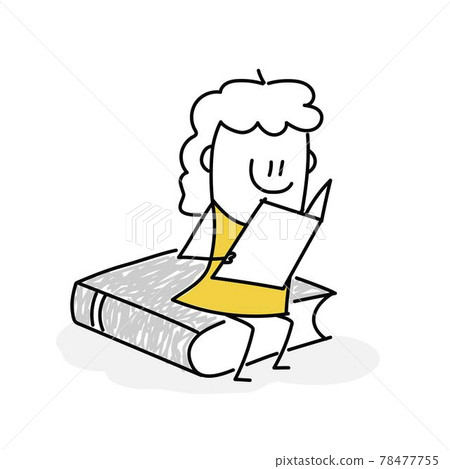 Stick woman reads while sitting on a big book. Stick woman reads while sitting on a big book. 78477755