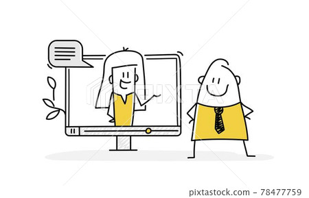 Stick man in front of a computer monitor and makes a video conference call to his colleague. Stick man in front of a computer monitor and makes a video conference call to his colleague. 78477759