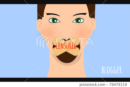 Young man with mouth sealed with crossed sticking plasters. 78478119