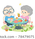 Cute elderly couple drink tea peach together in the backyard with their cat . Vector illustration. 78479075