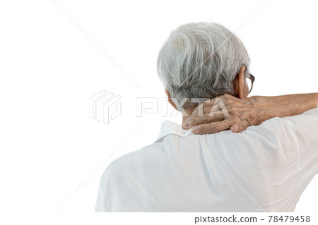 Back view,Senior woman suffering from neck pain,disease of cervical spondylosis,old elderly touching nape or scruff,muscle tension,injury in occipital bone,problems of the neck joints,cervical spine 78479458