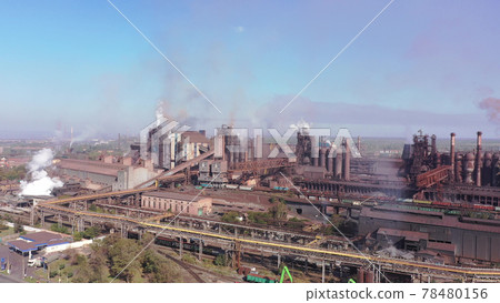 Blast furnaces of a metallurgical plant. Aerial view Blast furnaces of a metallurgical plant. Aerial view 78480156
