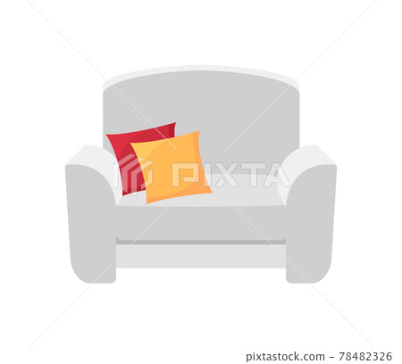Grey armchair with color pillow isolated on white. White Chair icon 78482326