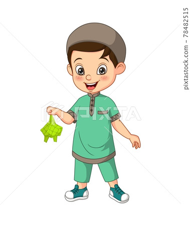 Happy muslim boy cartoon holding a ketupat 78482515