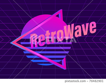 80s retro sun in a triangular frame. Synthwave and retrowave style. Grid virtual reality. Retro futuristic background for banner and posters. Vector illustration 78482901