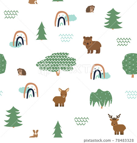 Cute forest animals seamless pattern with rainbows. Bear deer doe elk hare hedgehog. Vector illustration on white background Cute forest animals seamless pattern with rainbows. Bear deer doe elk hare hedgehog. Vector illustration on white background 78483328