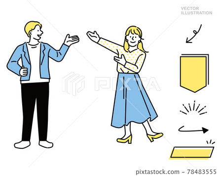 Illustrations of men and women representing points, attention, and presentations (business, clicks, checks, ideas, recommendations, work) 78483555