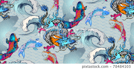 Seamless-pattern-asian-dragon-japanese-fish-blue-background Seamless-pattern-asian-dragon-japanese-fish-blue-background 78484103
