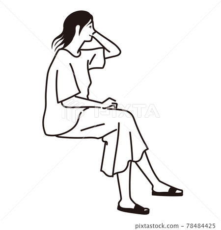Line drawing of a woman sitting and feeling the wind Line drawing of a woman sitting and feeling the wind 78484425