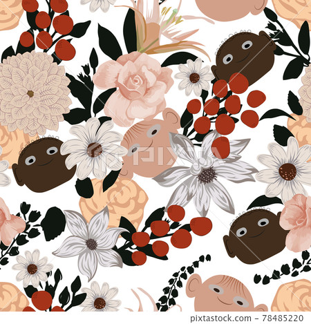 Vector flowers seamless pattern black white cartoon man 78485220