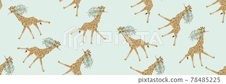 Baner giraffe with palm leaf in its mouth seamless pattern 78485225