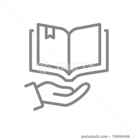 Open book on hand line icon. Encyclopedia, brainstorm, bookstore symbol 78486486