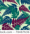 Seamless decorative pattern with vivid green, blue and purple tropical forest fern leaves isolated on light green background. Vector eps10 background in flat retro vintage style. 78487636