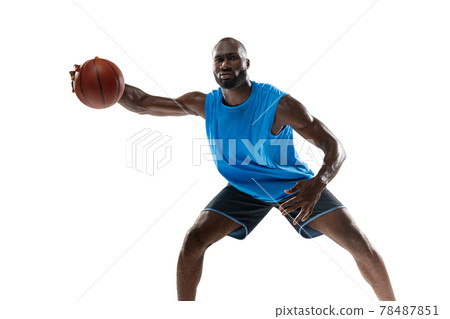 Full length portrait of a basketball player with a ball isolated on white studio background. advertising concept. Fit african american athlete jumping with ball. 78487851