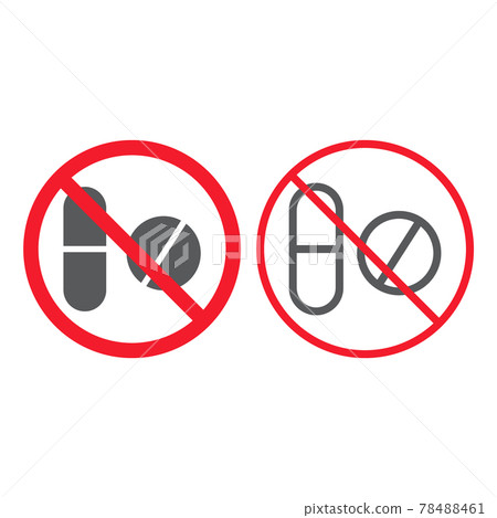 No pills line and glyph icon, prohibition and forbidden, no drugs sign vector graphics, a linear pattern on a white background, eps 10. No pills line and glyph icon, prohibition and forbidden, no drugs sign vector graphics, a linear pattern on a white background, eps 10. 78488461