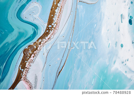 Acrylic Fluid Art. Gold, blue and turquoise flowing waves. Abstract marble background or texture 78488928