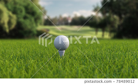 3d render golf ball with a club on the field side view 78489012