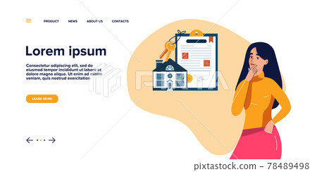 Landing page with woman thinking about mortgage loan for buying new own house Landing page with woman thinking about mortgage loan for buying new own house 78489498