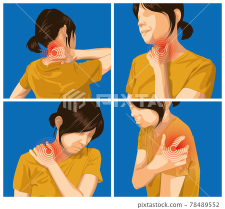 疼痛設定。頸後、扁桃體、斜方肌和肩膀疼痛的女性。 疼痛設定。頸後、扁桃體、斜方肌和肩膀疼痛的女性。 78489552