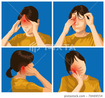 Pain set. Woman with pain in head, eyes, ears and teeth. Pain set. Woman with pain in head, eyes, ears and teeth. 78489554