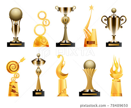 Awards and trophy cups. Triumph sport awards and prizes, winner trophy gold cup illustration. Best competition achievements. Awards in different shapes Awards and trophy cups. Triumph sport awards and prizes, winner trophy gold cup illustration. Best competition achievements. Awards in different shapes 78489650