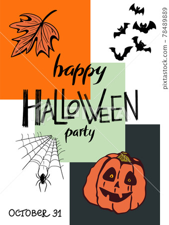 Vintage poster with Halloween lettering, hand-drawn pumpkins. Good for invitation or greeting card in minimalist style with Halloween symbols. 78489889